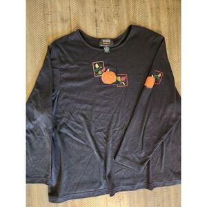 Studio Treat Womens Black 2XL‎ Long Sleeve Shirt Fall Pumpkin Embroidered Detail
